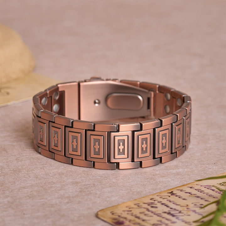 Christianartworkshop Watch-Band Style Link Bracelet with Recessed Embossed Cross on Each Rectangular Link - Bronze - image 0