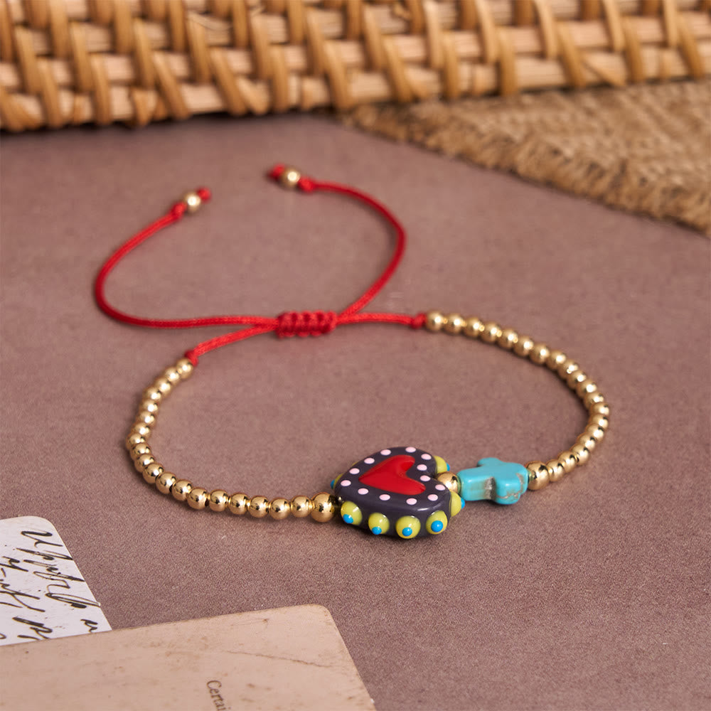 Christianartworkshop Cartoon Style Hand-Decorated Sacred Heart & Tiny Cross Accent Gold Bead Adjustable Cord Bracelet - image 7