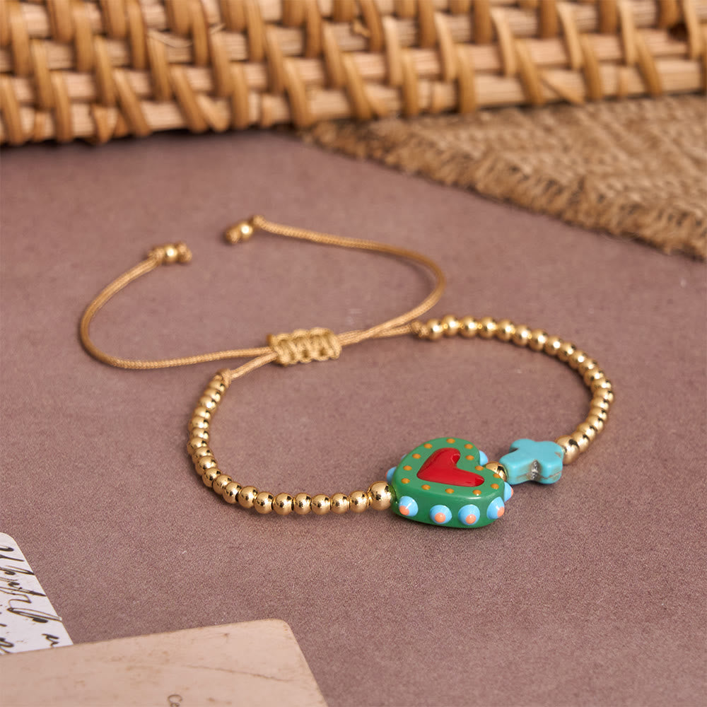 Christianartworkshop Cartoon Style Hand-Decorated Sacred Heart & Tiny Cross Accent Gold Bead Adjustable Cord Bracelet - image 13