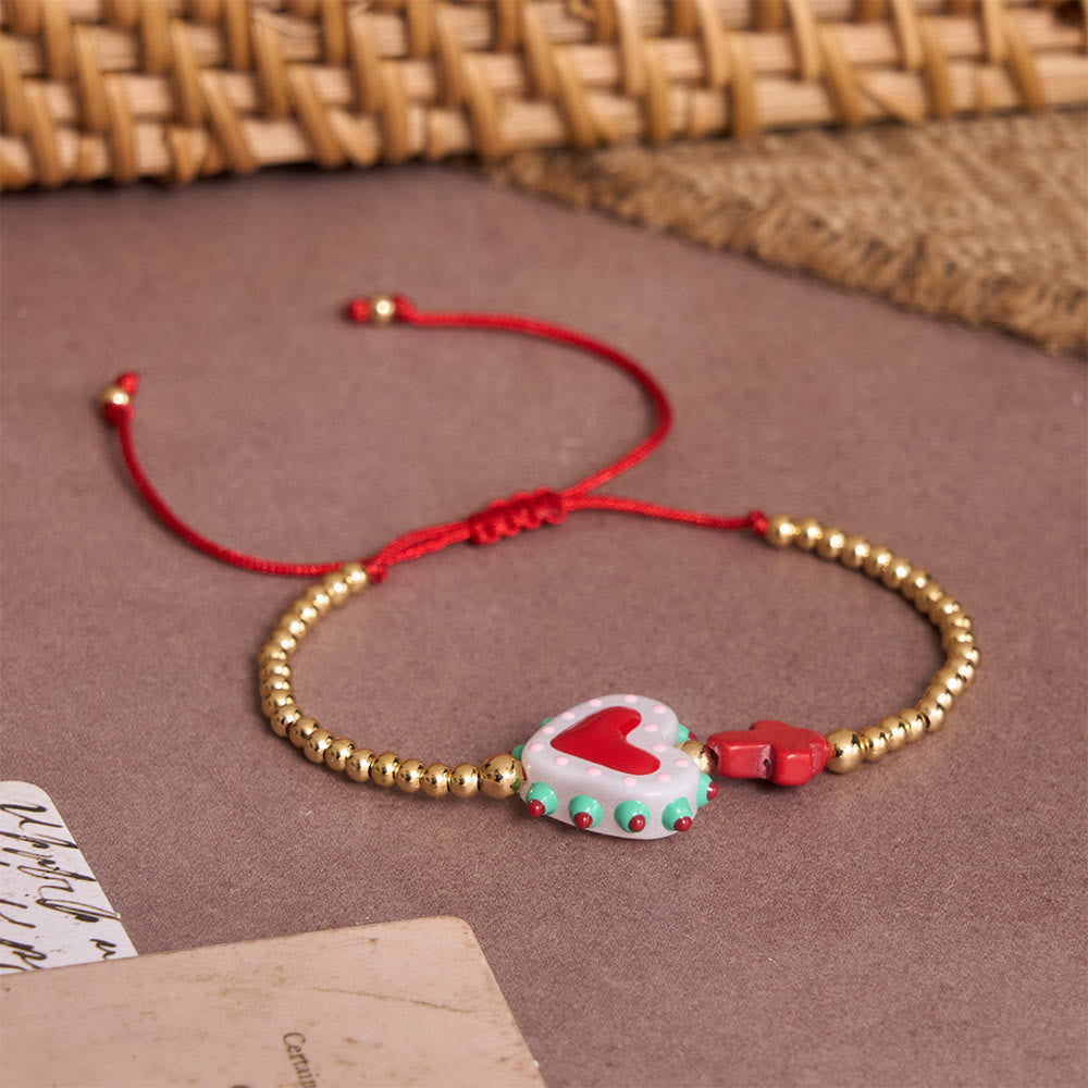 Christianartworkshop Cartoon Style Hand-Decorated Sacred Heart & Tiny Cross Accent Gold Bead Adjustable Cord Bracelet - image 11