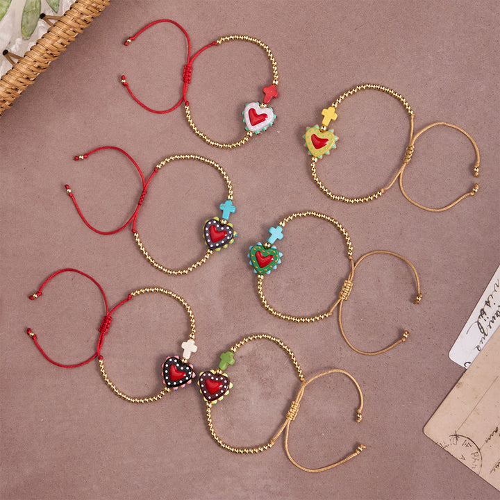 Christianartworkshop Cartoon Style Hand-Decorated Sacred Heart & Tiny Cross Accent Gold Bead Adjustable Cord Bracelet - image 1