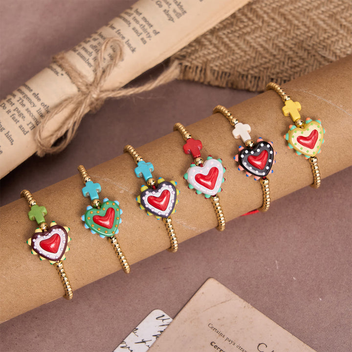 Christianartworkshop Cartoon Style Hand-Decorated Sacred Heart & Tiny Cross Accent Gold Bead Adjustable Cord Bracelet - image 0