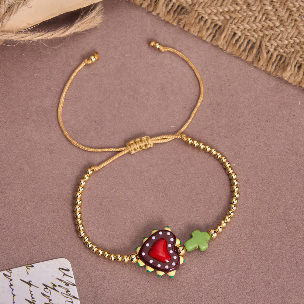 Christianartworkshop Cartoon Style Hand-Decorated Sacred Heart & Tiny Cross Accent Gold Bead Adjustable Cord Bracelet - D - image 8