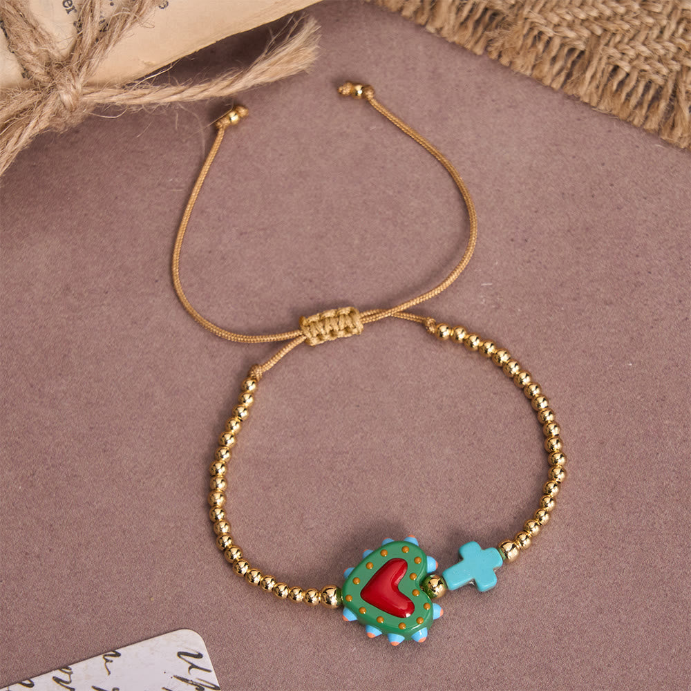Christianartworkshop Cartoon Style Hand-Decorated Sacred Heart & Tiny Cross Accent Gold Bead Adjustable Cord Bracelet - F - image 12
