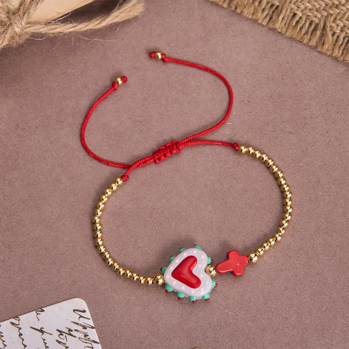 Christianartworkshop Cartoon Style Hand-Decorated Sacred Heart & Tiny Cross Accent Gold Bead Adjustable Cord Bracelet - E - image 10