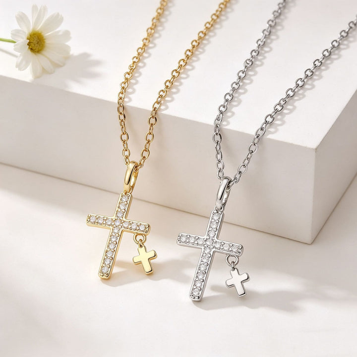 Christianartworkshop Pave Zircon Inlaid Large Cross Pendant with Solid Mini Dangling Cross & Classic Cable Chain Necklace - image 0