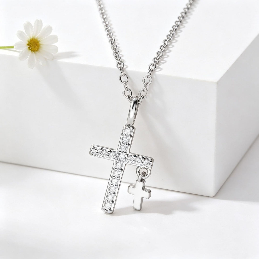 Christianartworkshop Pave Zircon Inlaid Large Cross Pendant with Solid Mini Dangling Cross & Classic Cable Chain Necklace - Silver - image 3