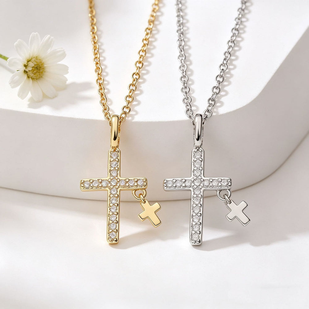 Christianartworkshop Pave Zircon Inlaid Large Cross Pendant with Solid Mini Dangling Cross & Classic Cable Chain Necklace - image 1