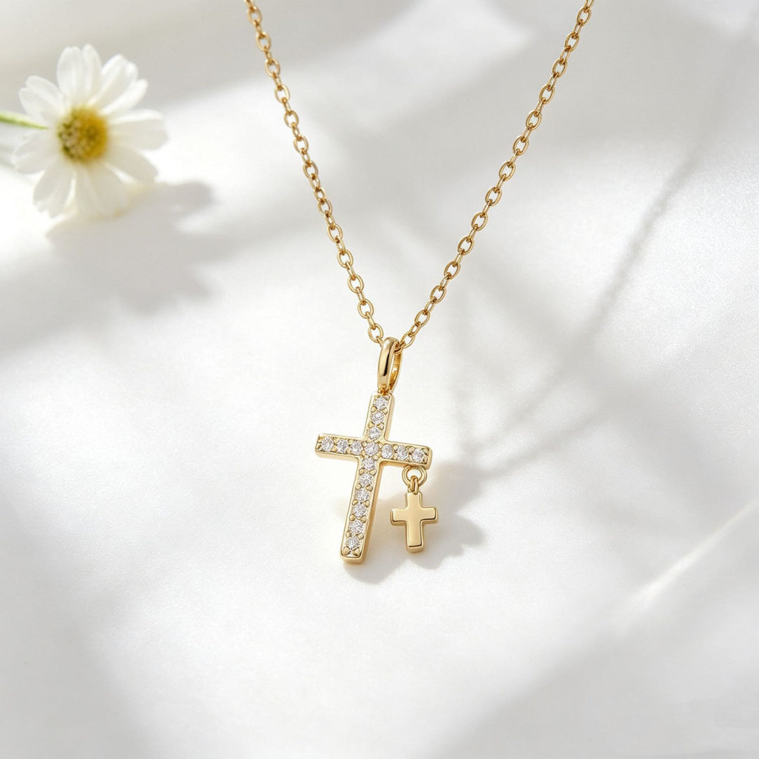 Christianartworkshop Pave Zircon Inlaid Large Cross Pendant with Solid Mini Dangling Cross & Classic Cable Chain Necklace - Golden - image 2