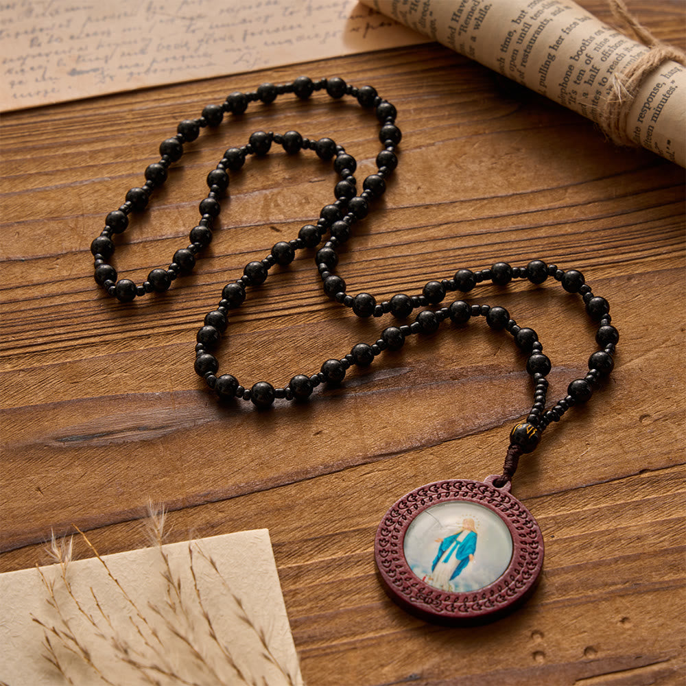 Christianartworkshop Carved Border Wood Frame Our Lady Printed Portrait Pendant Irregular Gem Bead Cord Necklace - Black - image 4
