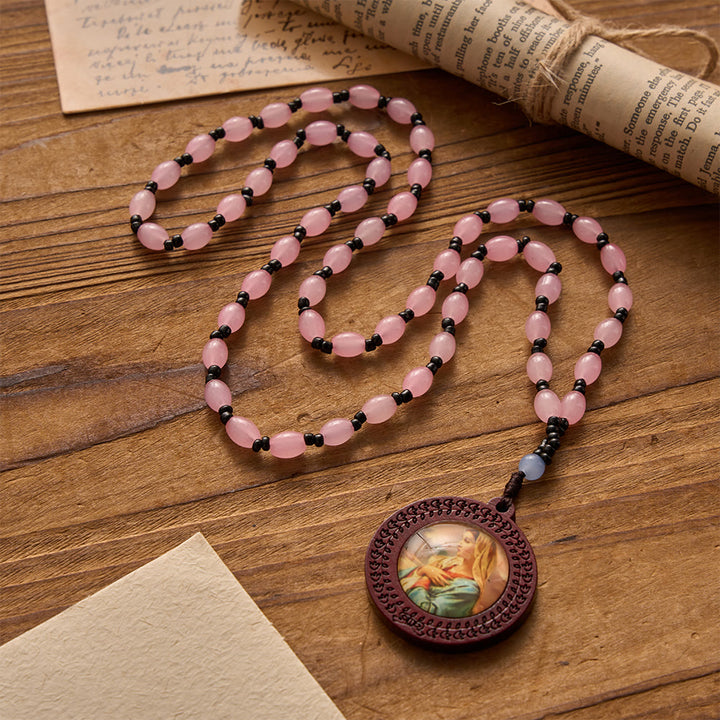 Christianartworkshop Carved Border Wood Frame Our Lady Printed Portrait Pendant Irregular Gem Bead Cord Necklace - Pink B - image 2