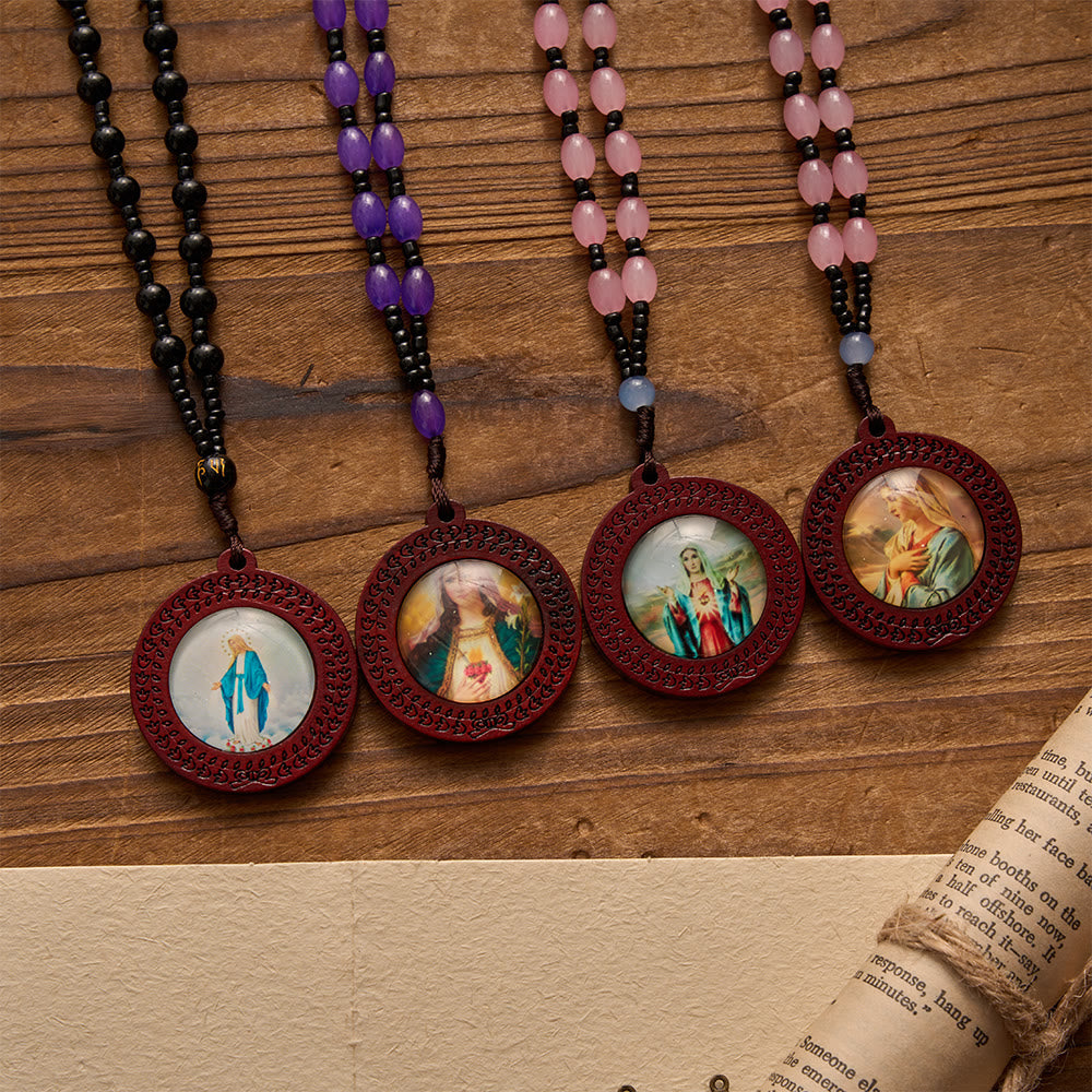 Christianartworkshop Carved Border Wood Frame Our Lady Printed Portrait Pendant Irregular Gem Bead Cord Necklace - image 0