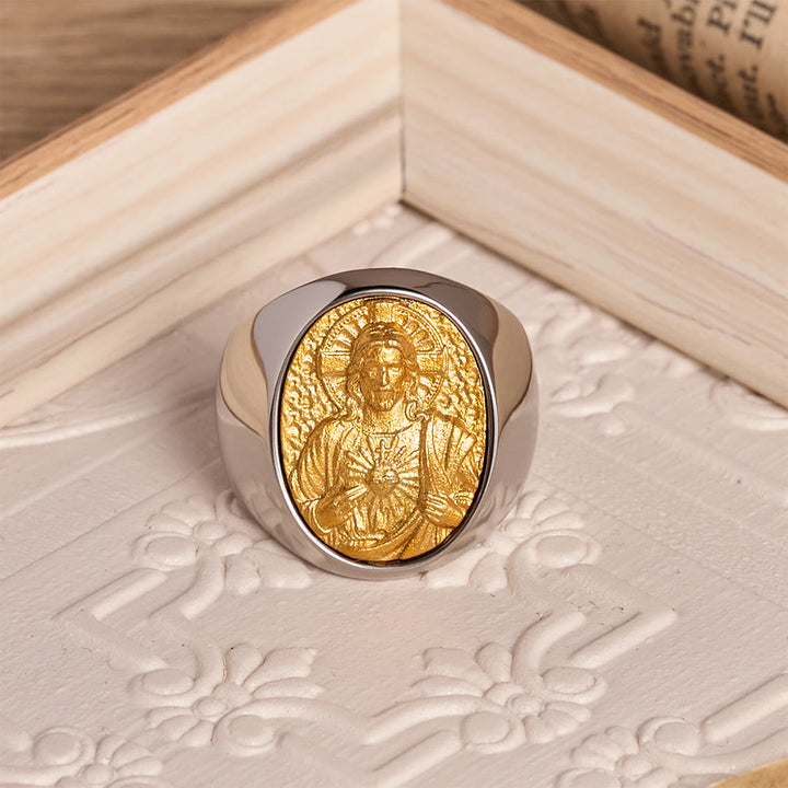 Christianartworkshop Two-Tone Bezel Oval Embossed Sacred Portrait Signet Ring: A Symbol of Gentle Heavenly Grace & Blessed Safeguard - I - US 13 - image 25