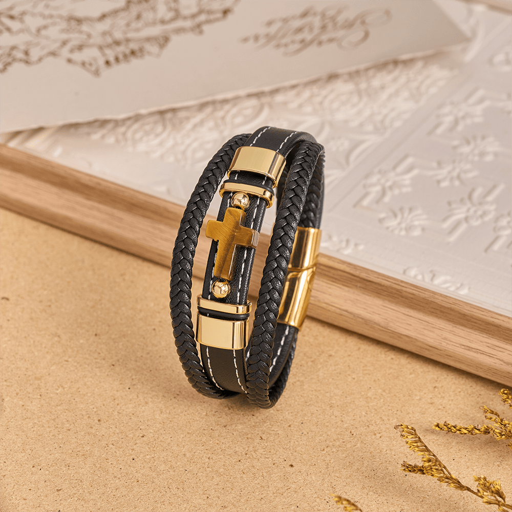 Christianartworkshop Dual-Cord Braided Stitched Leather Bracelet with Polished Stone Cross & Dual Metal Side Bead Details - Golden - 23cm - image 8