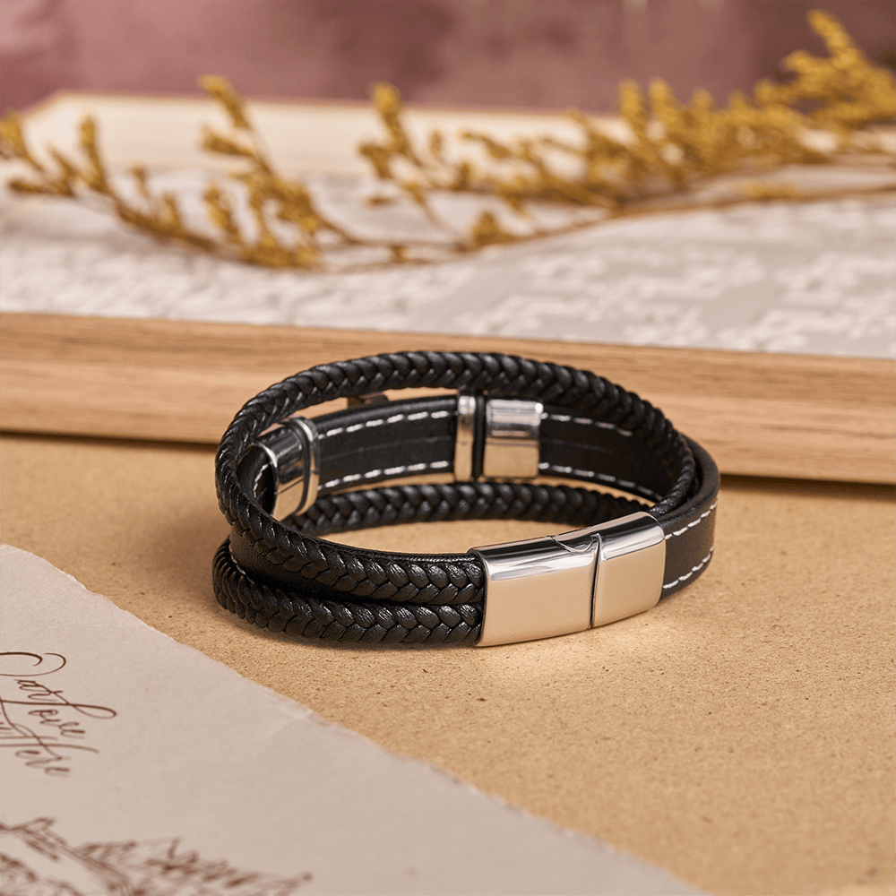 Christianartworkshop Dual-Cord Braided Stitched Leather Bracelet with Polished Stone Cross & Dual Metal Side Bead Details - image 6