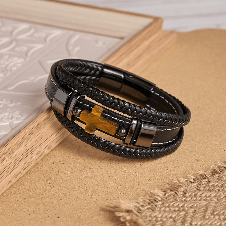 Christianartworkshop Dual-Cord Braided Stitched Leather Bracelet with Polished Stone Cross & Dual Metal Side Bead Details - image 2