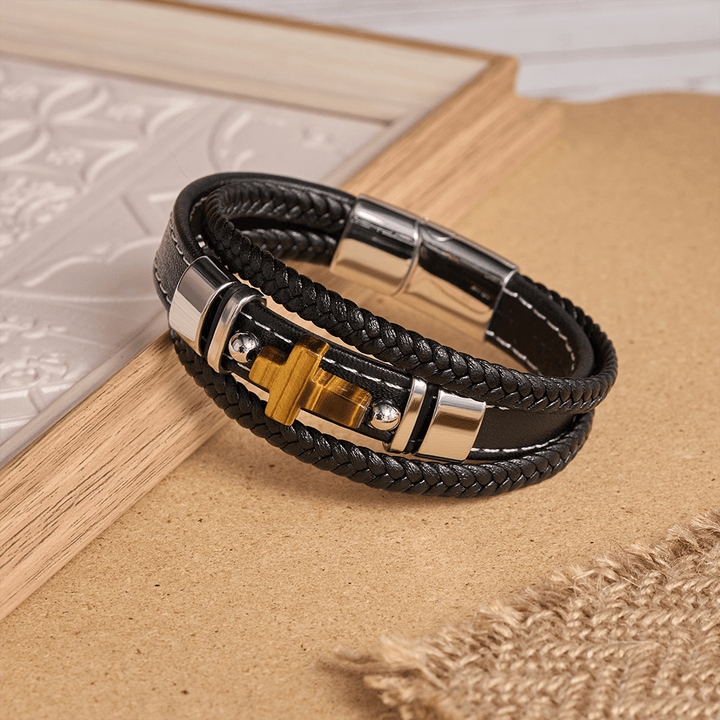 Christianartworkshop Dual-Cord Braided Stitched Leather Bracelet with Polished Stone Cross & Dual Metal Side Bead Details - image 5
