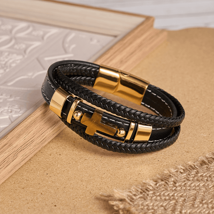 Christianartworkshop Dual-Cord Braided Stitched Leather Bracelet with Polished Stone Cross & Dual Metal Side Bead Details - image 7