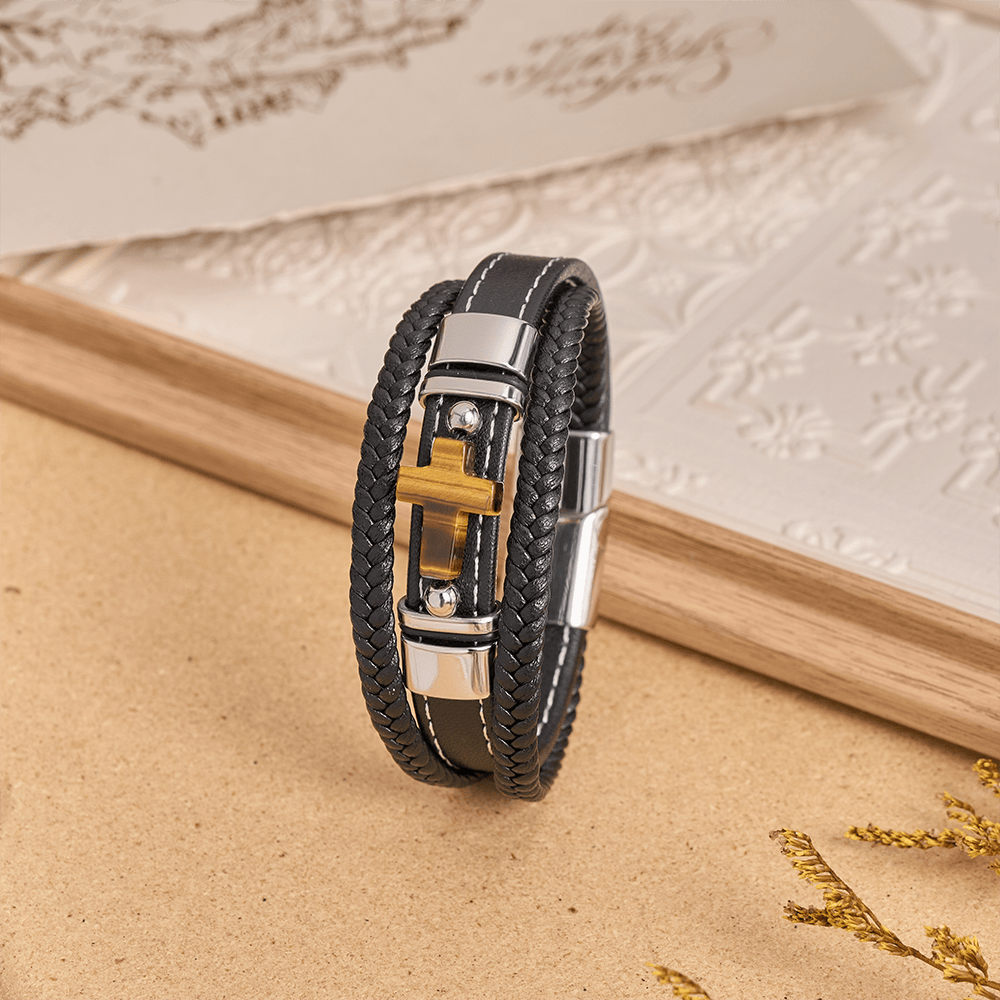 Christianartworkshop Dual-Cord Braided Stitched Leather Bracelet with Polished Stone Cross & Dual Metal Side Bead Details - Silver - 23cm - image 4