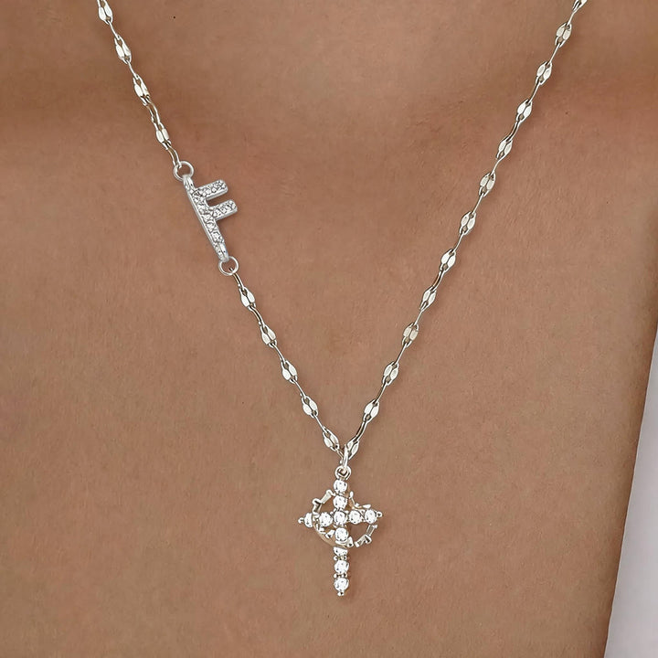 Christianartworkshop Golden & Silver-Tone Personalized A-Z Initial Crown Cross Necklace: Custom Sacred Faith Monogram Pendant Jewelry - F - Silver - image 35