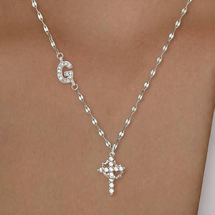 Christianartworkshop Golden & Silver-Tone Personalized A-Z Initial Crown Cross Necklace: Custom Sacred Faith Monogram Pendant Jewelry - G - Silver - image 36