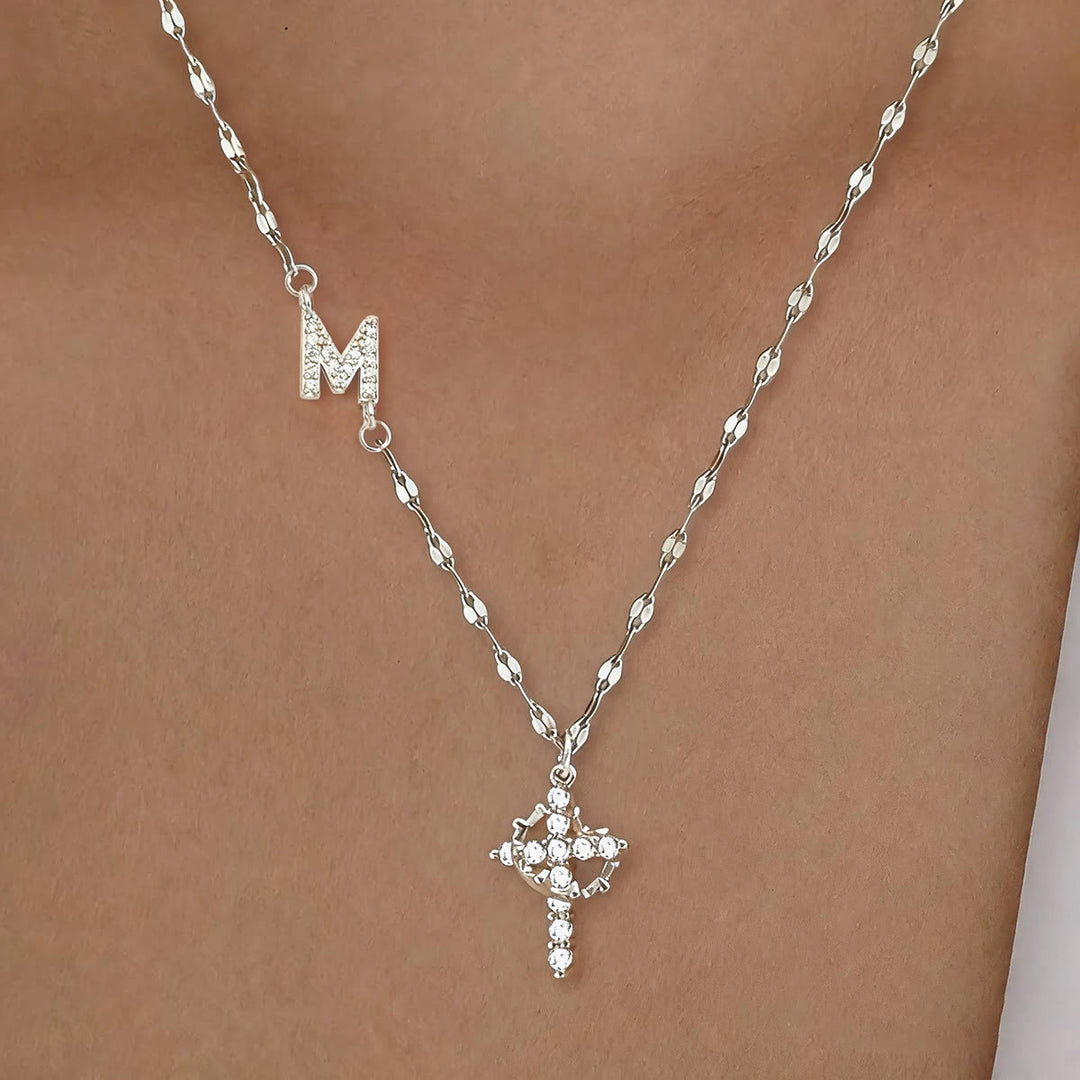 Christianartworkshop Golden & Silver-Tone Personalized A-Z Initial Crown Cross Necklace: Custom Sacred Faith Monogram Pendant Jewelry - M - Silver - image 42