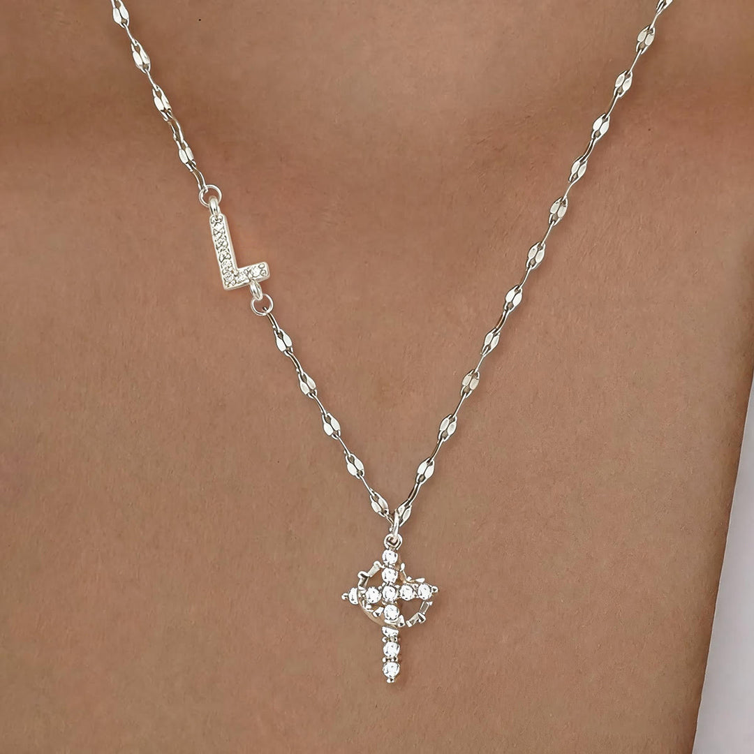 Christianartworkshop Golden & Silver-Tone Personalized A-Z Initial Crown Cross Necklace: Custom Sacred Faith Monogram Pendant Jewelry - L - Silver - image 41
