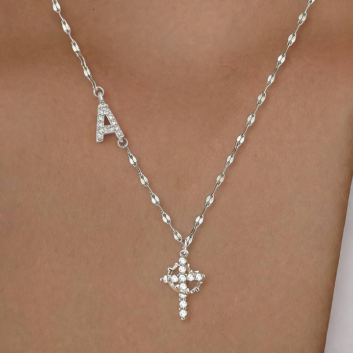 Christianartworkshop Golden & Silver-Tone Personalized A-Z Initial Crown Cross Necklace: Custom Sacred Faith Monogram Pendant Jewelry - A - Silver - image 29