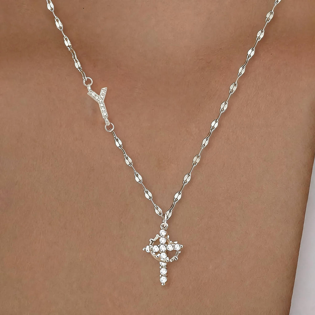 Christianartworkshop Golden & Silver-Tone Personalized A-Z Initial Crown Cross Necklace: Custom Sacred Faith Monogram Pendant Jewelry - Y - Silver - image 54
