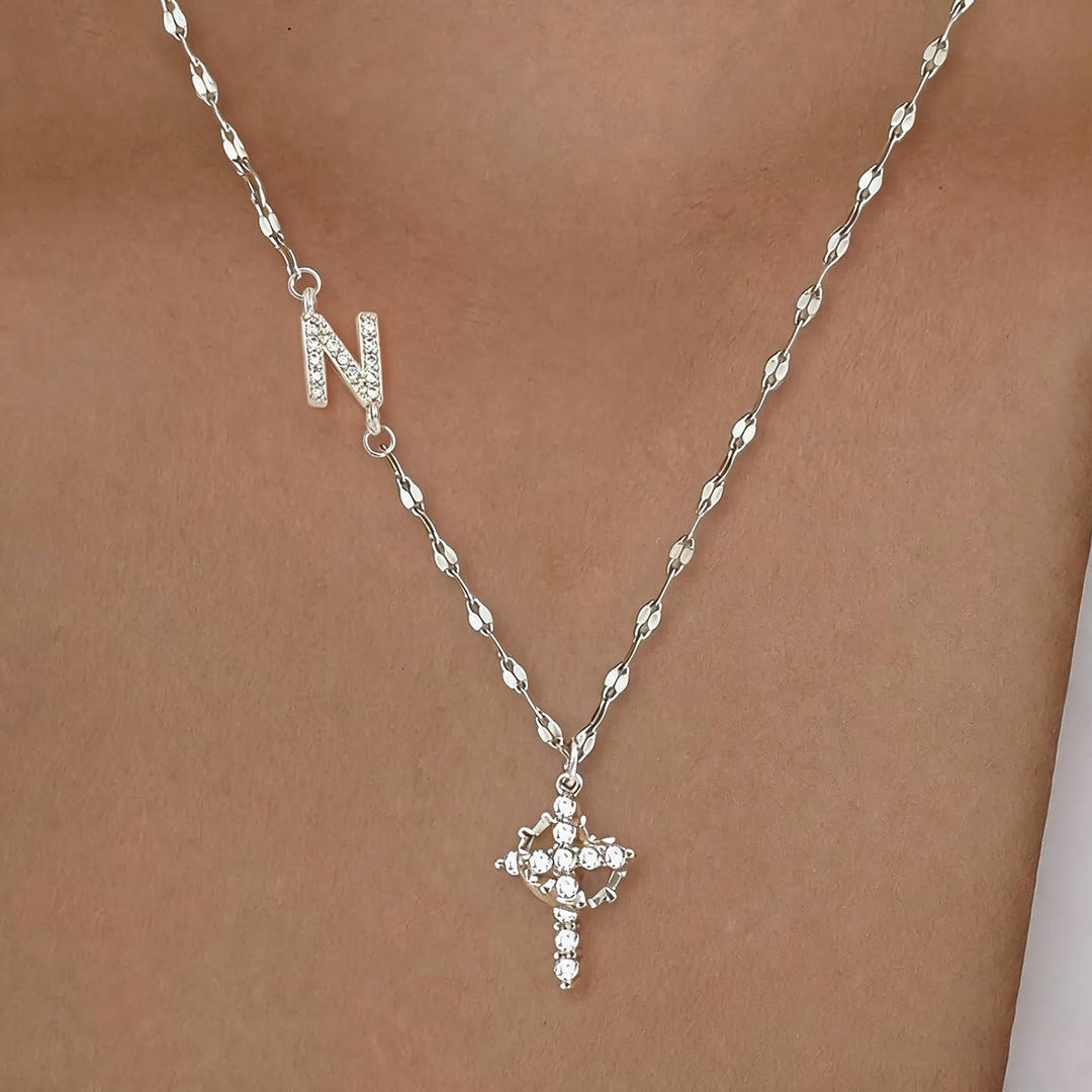 Christianartworkshop Golden & Silver-Tone Personalized A-Z Initial Crown Cross Necklace: Custom Sacred Faith Monogram Pendant Jewelry - N - Silver - image 43