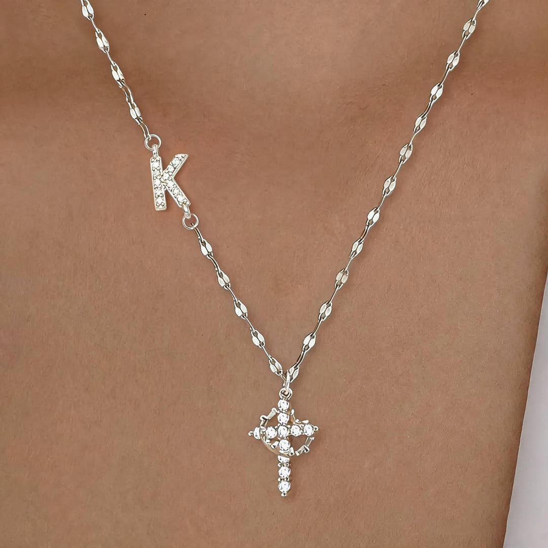Christianartworkshop Golden & Silver-Tone Personalized A-Z Initial Crown Cross Necklace: Custom Sacred Faith Monogram Pendant Jewelry - K - Silver - image 40