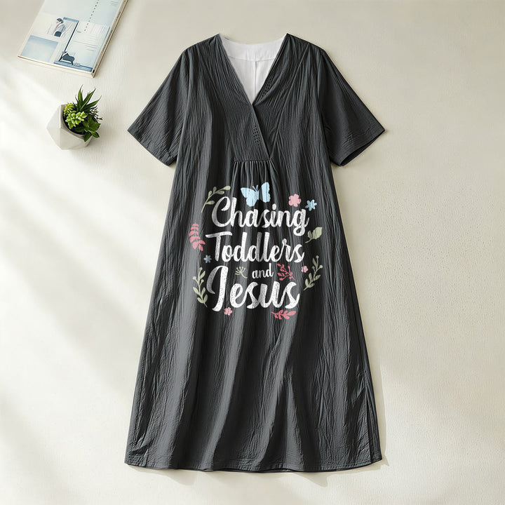 Christianartworkshop "Chasing Toddlers and Jesus" Floral & Butterfly Print V-Neck Short Sleeve Midi Dress - Black - 4XL - image 0