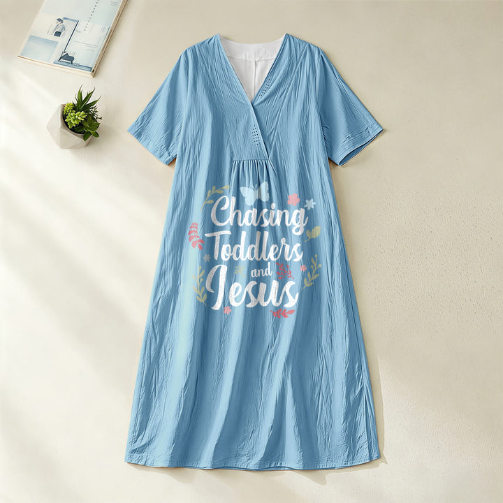 Christianartworkshop "Chasing Toddlers and Jesus" Floral & Butterfly Print V-Neck Short Sleeve Midi Dress - Blue - 4XL - image 4