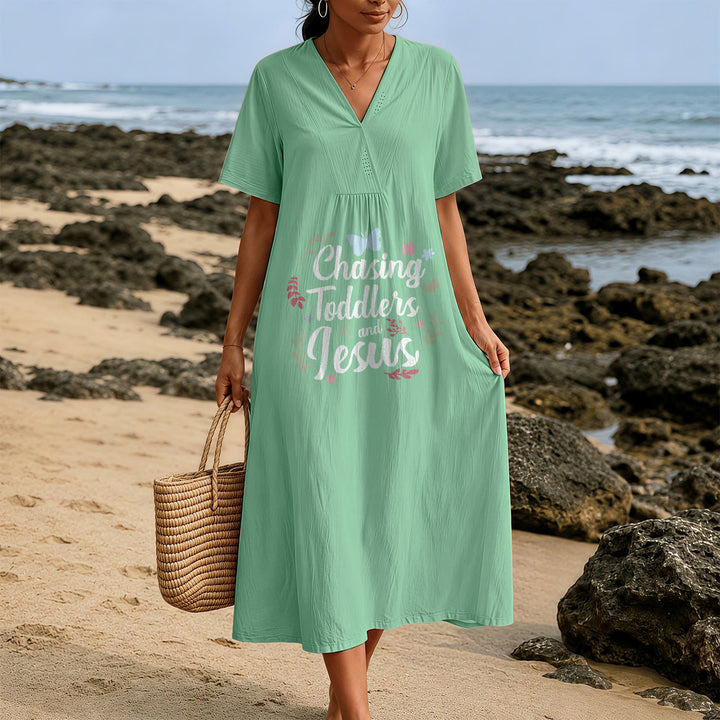 Christianartworkshop "Chasing Toddlers and Jesus" Floral & Butterfly Print V-Neck Short Sleeve Midi Dress - image 3