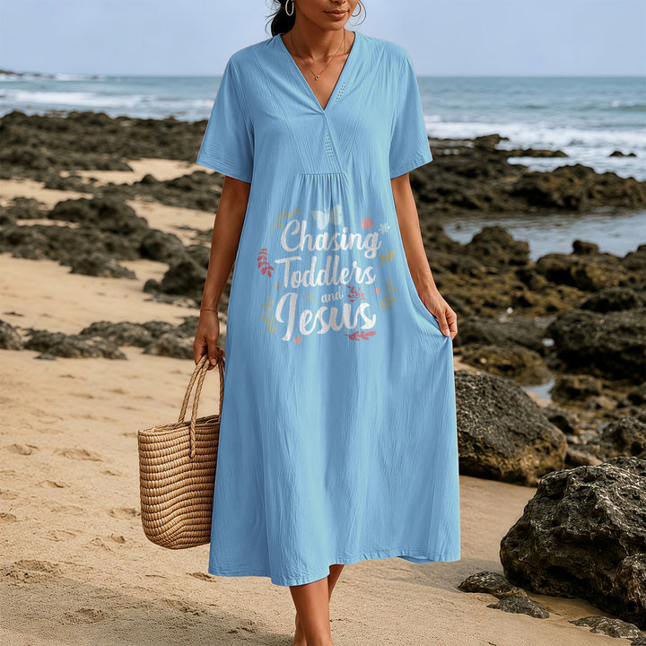 Christianartworkshop "Chasing Toddlers and Jesus" Floral & Butterfly Print V-Neck Short Sleeve Midi Dress - image 5
