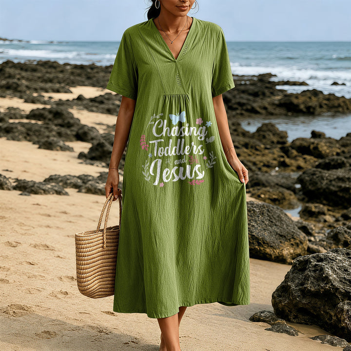 Christianartworkshop "Chasing Toddlers and Jesus" Floral & Butterfly Print V-Neck Short Sleeve Midi Dress - image 7