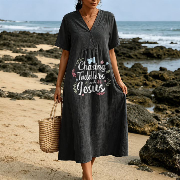 Christianartworkshop "Chasing Toddlers and Jesus" Floral & Butterfly Print V-Neck Short Sleeve Midi Dress - image 1