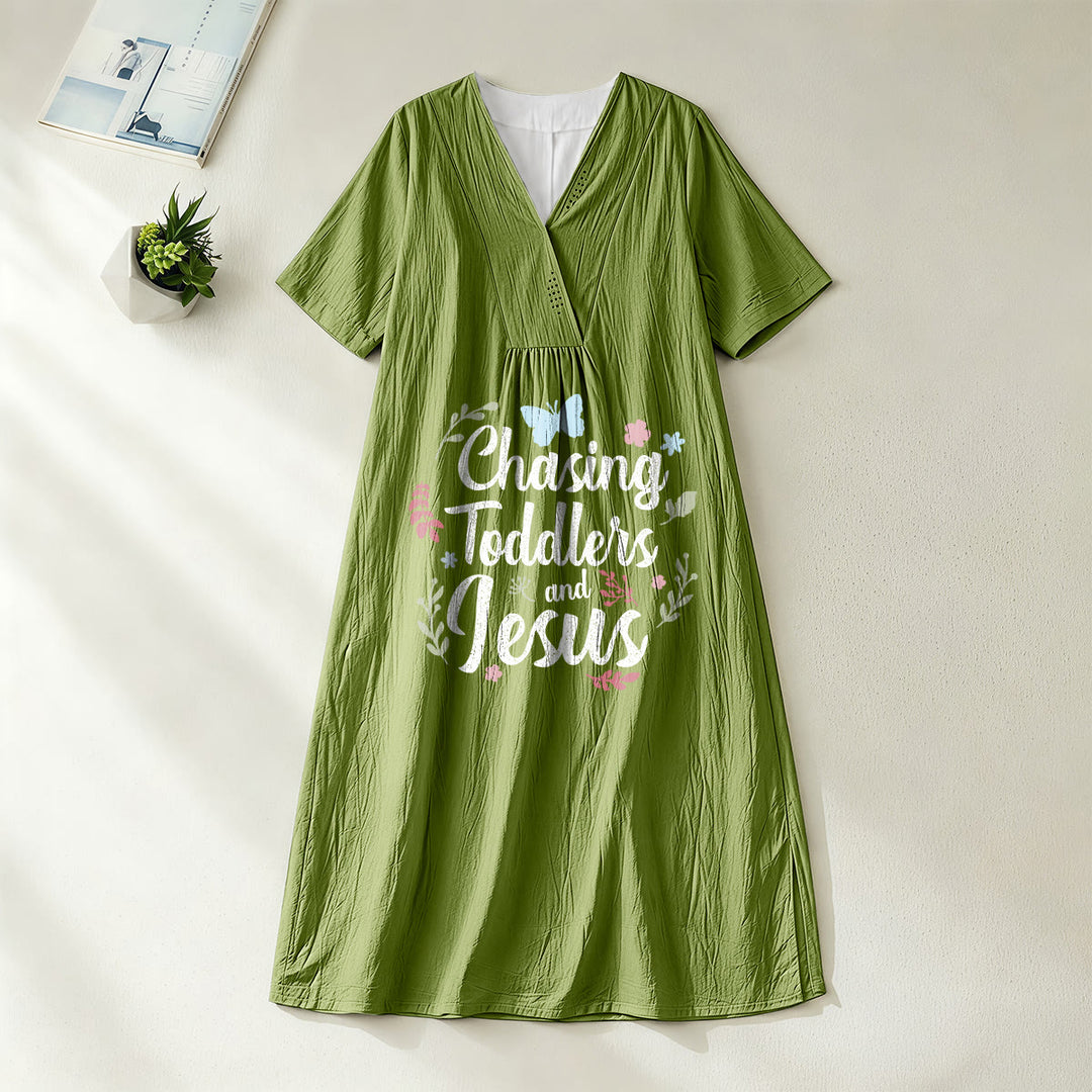 Christianartworkshop "Chasing Toddlers and Jesus" Floral & Butterfly Print V-Neck Short Sleeve Midi Dress - Olive Green - 4XL - image 6