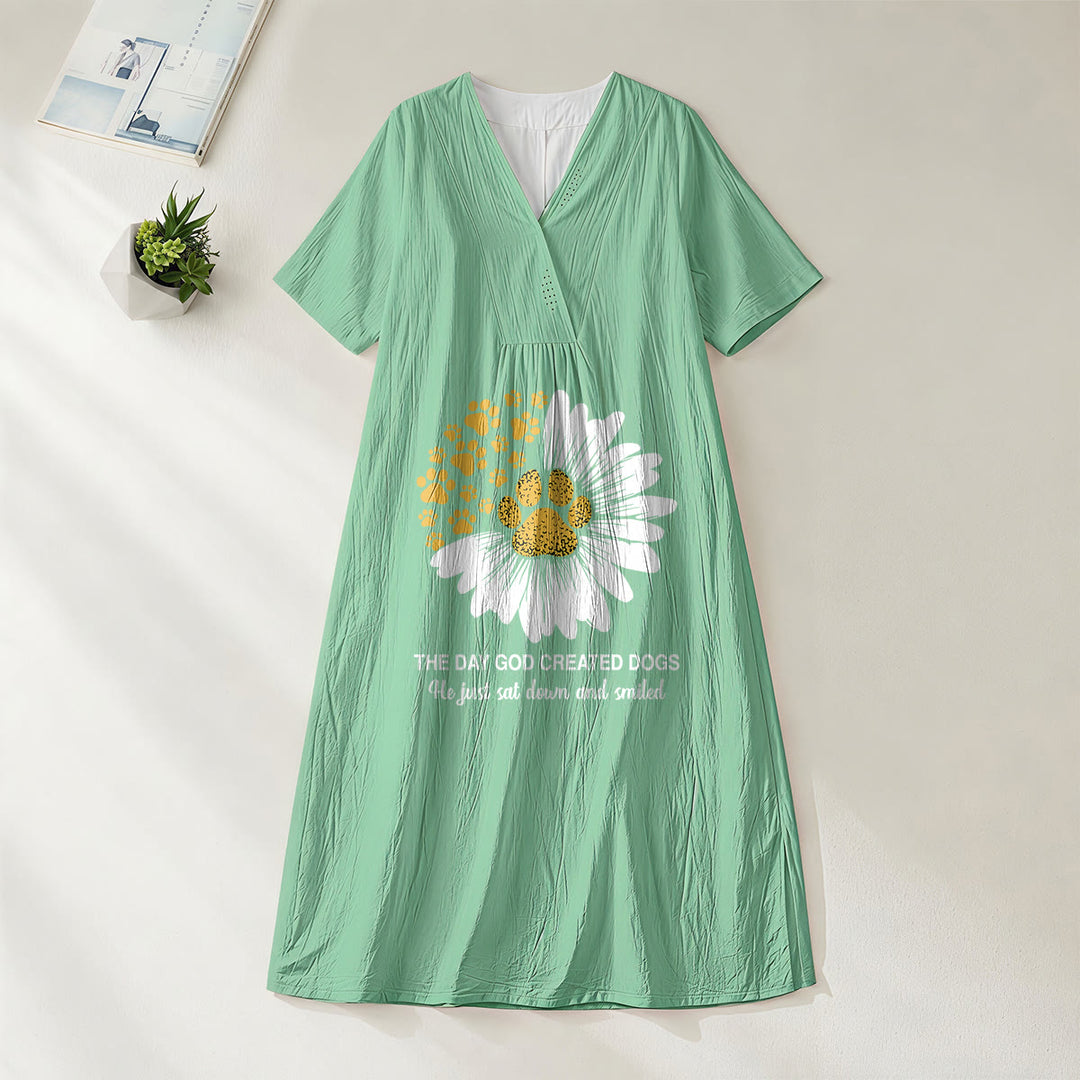 Christianartworkshop "The Day God Created Dogs" Daisy & Paw Print V-Neck Short Sleeve Midi Dress - Green - 4XL - image 1