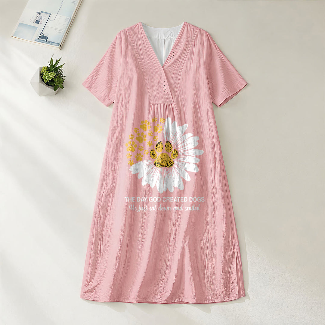 Christianartworkshop "The Day God Created Dogs" Daisy & Paw Print V-Neck Short Sleeve Midi Dress - Pink - 4XL - image 11