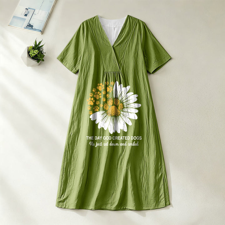 Christianartworkshop "The Day God Created Dogs" Daisy & Paw Print V-Neck Short Sleeve Midi Dress - Olive Green - 4XL - image 7