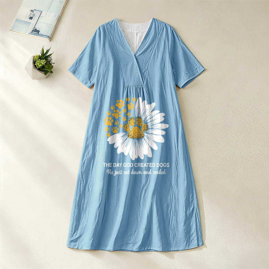 Christianartworkshop "The Day God Created Dogs" Daisy & Paw Print V-Neck Short Sleeve Midi Dress - Blue - 4XL - image 5