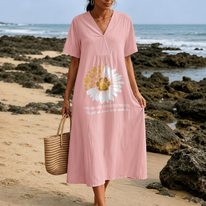 Christianartworkshop "The Day God Created Dogs" Daisy & Paw Print V-Neck Short Sleeve Midi Dress - image 12