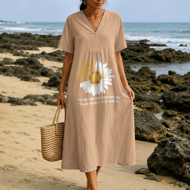 Christianartworkshop "The Day God Created Dogs" Daisy & Paw Print V-Neck Short Sleeve Midi Dress - image 10