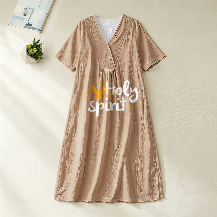 Christianartworkshop "Holy Spirit" Dove & Sunburst Print V-Neck Short Sleeve Midi Dress - Khaki - 4XL - image 8