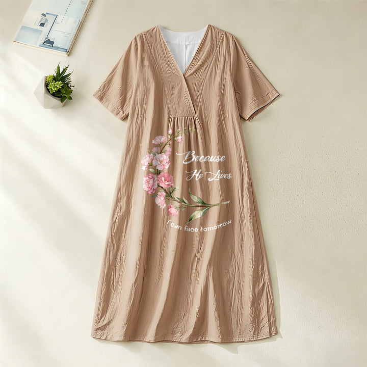 Christianartworkshop "Because He Lives I Can Face Tomorrow" Floral Branch Print V-Neck Short Sleeve Midi Dress - Khaki - 4XL - image 10