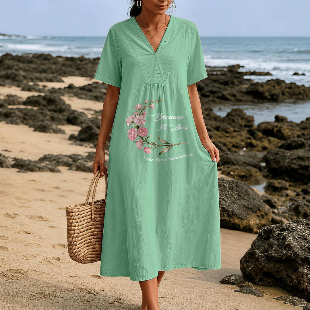 Christianartworkshop "Because He Lives I Can Face Tomorrow" Floral Branch Print V-Neck Short Sleeve Midi Dress - image 7
