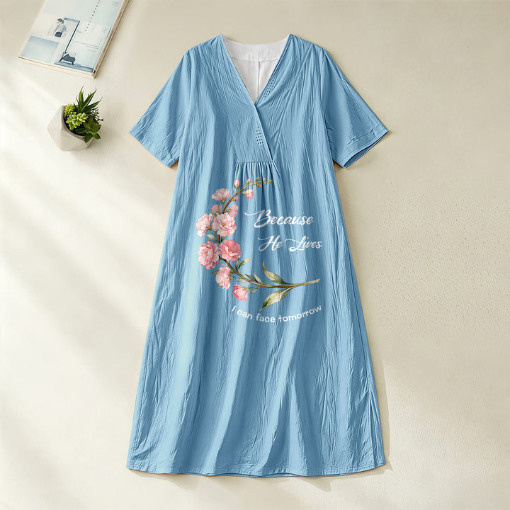 Christianartworkshop "Because He Lives I Can Face Tomorrow" Floral Branch Print V-Neck Short Sleeve Midi Dress - Blue - 4XL - image 4