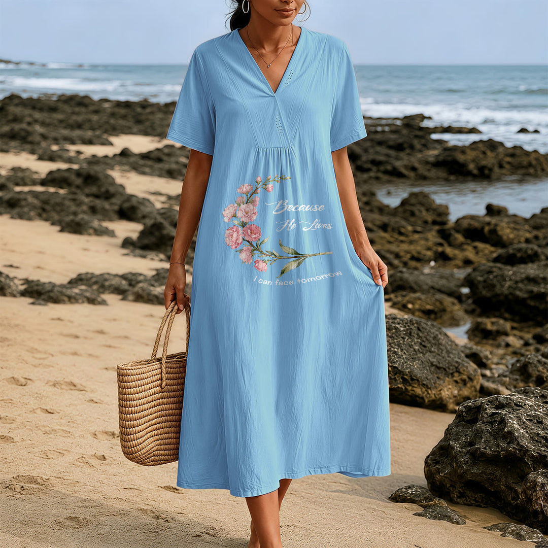 Christianartworkshop "Because He Lives I Can Face Tomorrow" Floral Branch Print V-Neck Short Sleeve Midi Dress - image 5