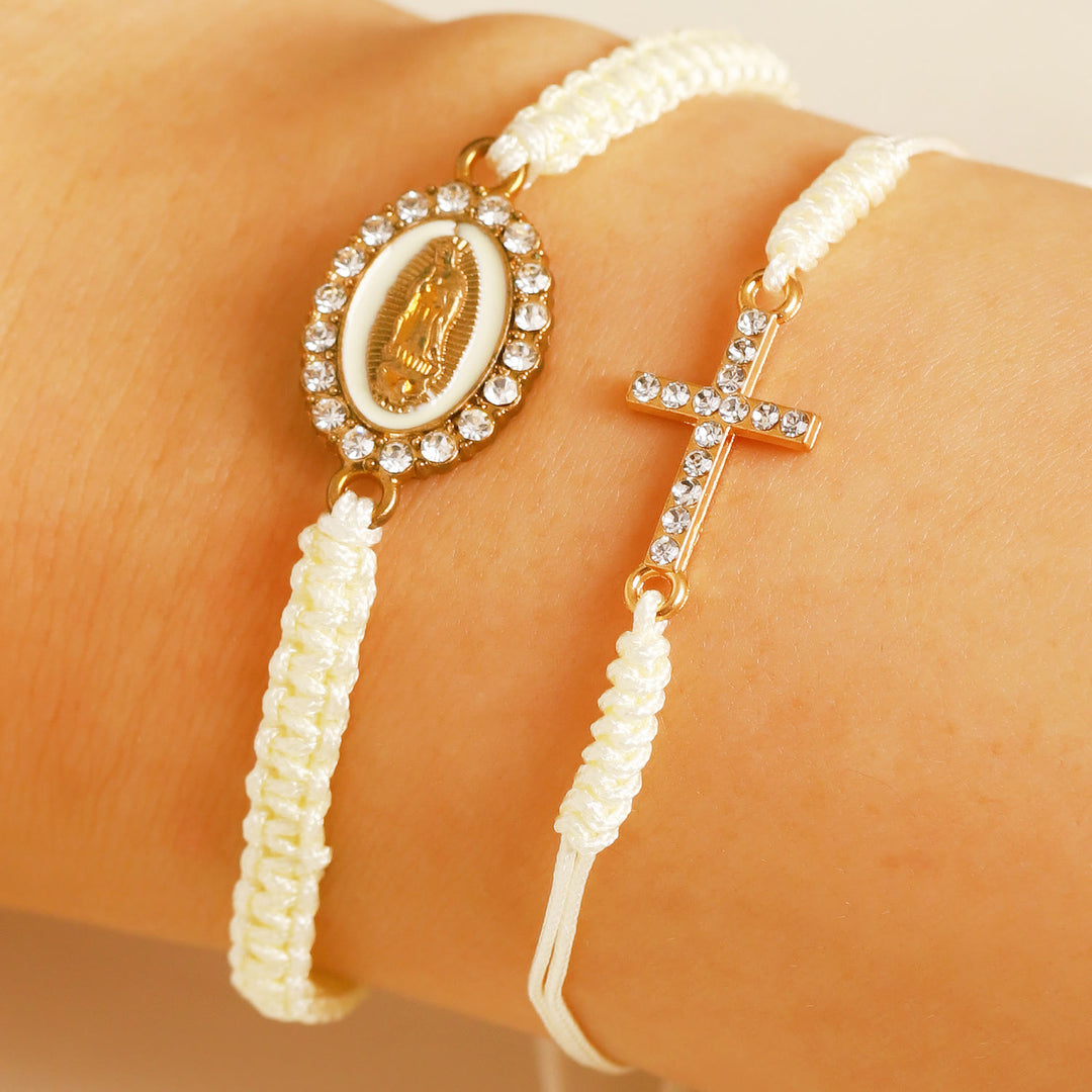 Christianartworkshop Dual Braided Cord Bracelet Set with Zircon-Encrusted Cross & Rhinestone Halo Our Lady Medal - White - image 4